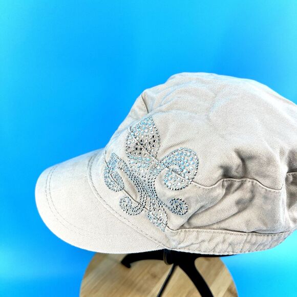 Womens Beige Military Style Cadet Cap w Rhinestone Fleur de Lis - Picture 6 of 7